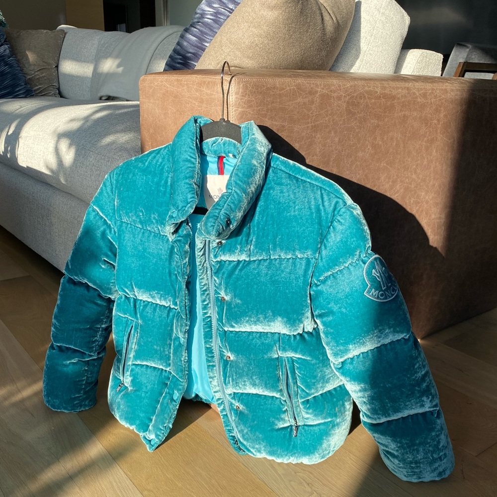 Moncler Blue velvet puffer coat